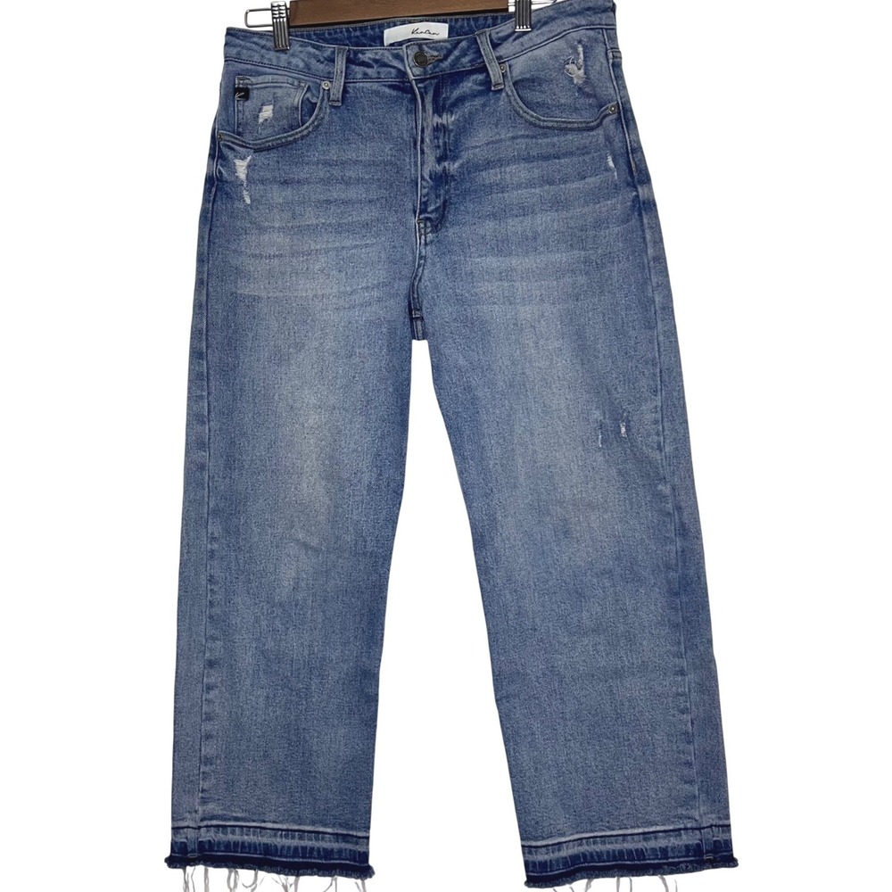 KanCan‎ High Rise Wide Leg Jeans Medium Wash Raw Hem Cropped Womans Size 8/28